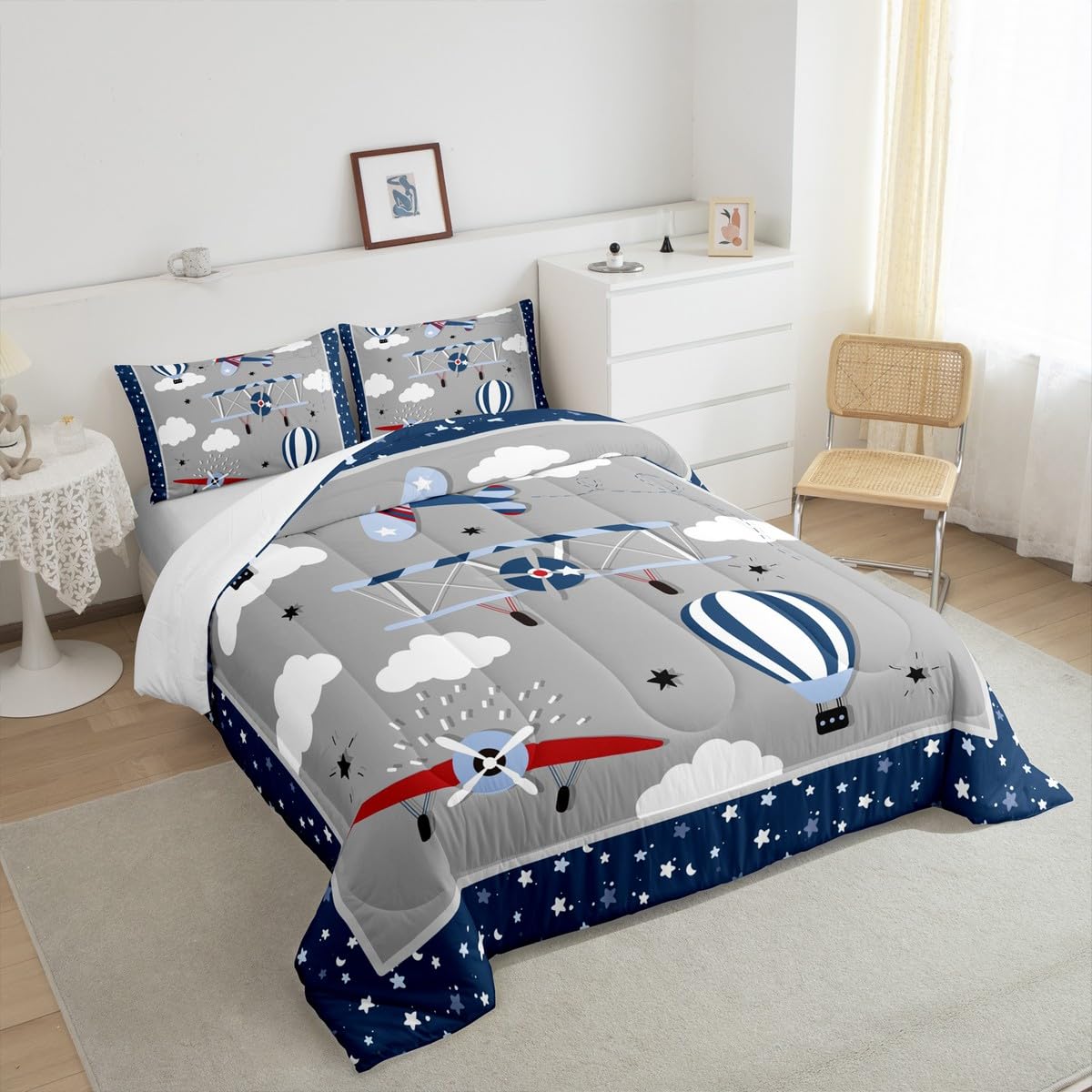 Airplane Bedding Set Twin Size for Kids Boys Bedroom Decor,Cartoon Aircraft Comforter Sets Teens Quilts Hot Air Balloon Cloud Starry Moon Bedding Chic Grey Navy Blue Duvet Insert,1 Pillowcase