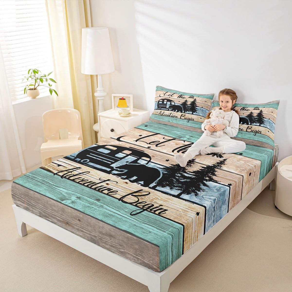Camper Bedding 2 Pieces, Rustic Farmhouse Style Fitted Sheet Happy Camping Bedding Set for Teens Adult Camping Fitted Bed Sheets,Black Sketch Drawing Bear Decor Bedding, Twin Size