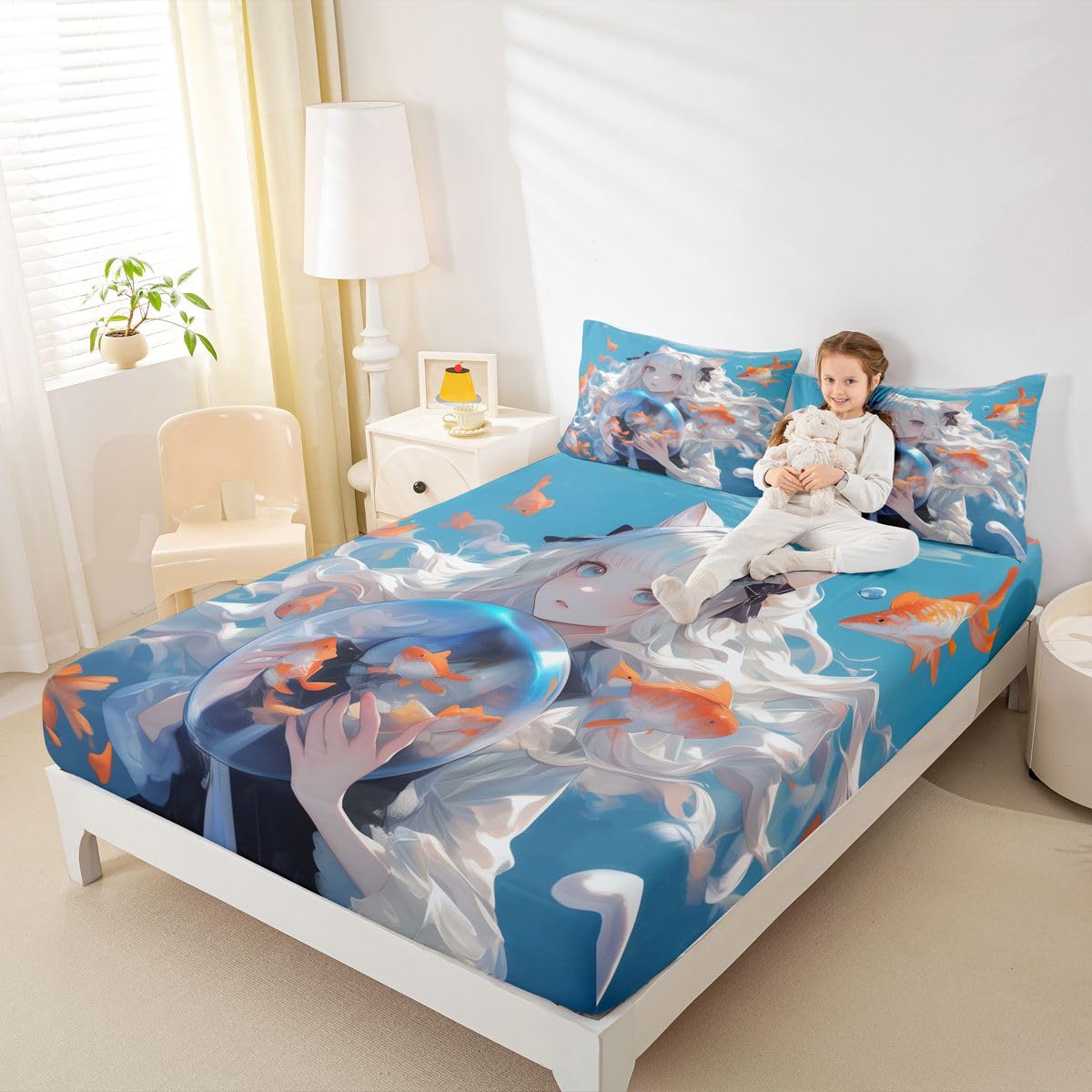 Japanese Girl Fitted Twin 2Pcs Anime Printed Design Bedding Sets, Kawaii Girls Boys Decorations Sheets (No Top Sheet)