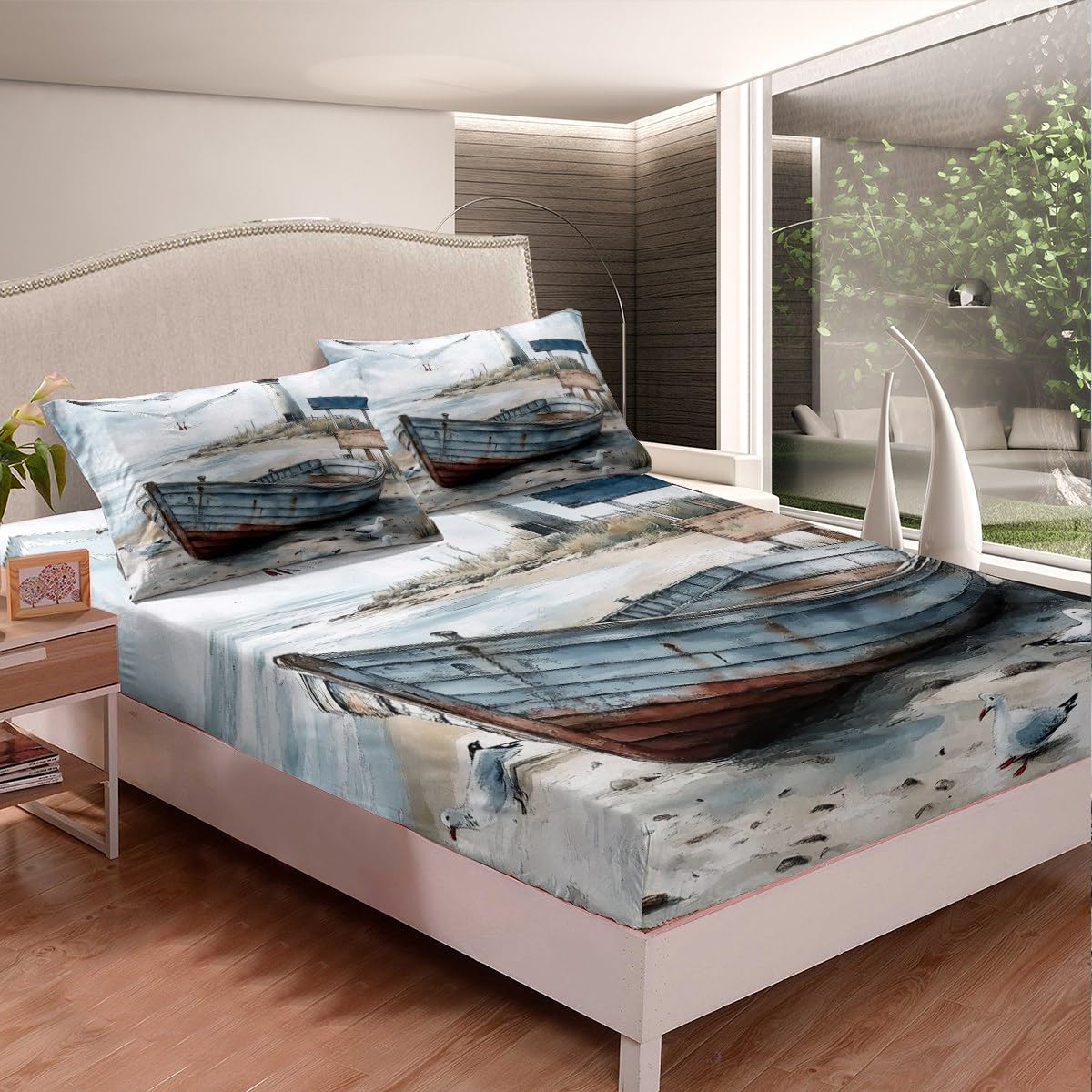 jejeloiu Boat Printed Fitted Sheet Full Size Kids Lighthouse Seagull Beach Theme Bed Sheets Set for Boys Girls Teens Sea Ocean Wave Summer Coastal Natural Scenery Bedding Set Room Decor