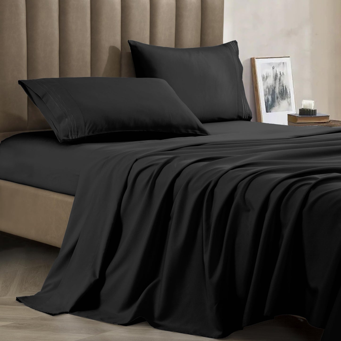 CELINE LINEN Premium 1800 Hotel Quality Wrinkle-Resistant 4-Piece Microfiber Sheet Set - Luxury Ultra Soft and Breathable Bedding 16 Inch Deep Pocket 4PC Sheet Set, King, Black