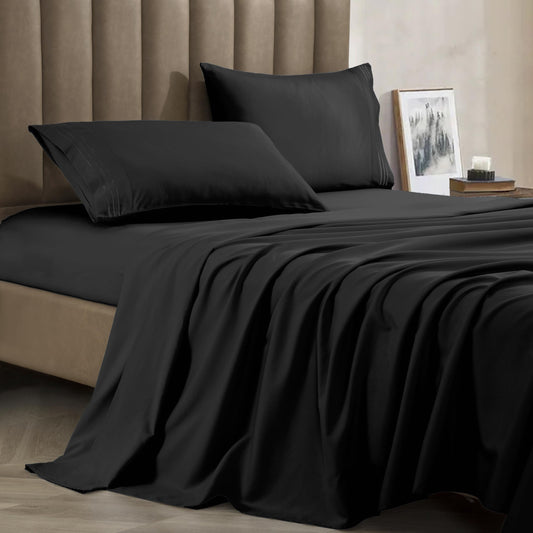 CELINE LINEN Premium 1800 Hotel Quality Wrinkle-Resistant 4-Piece Microfiber Sheet Set - Luxury Ultra Soft and Breathable Bedding 16 Inch Deep Pocket 4PC Sheet Set, King, Black
