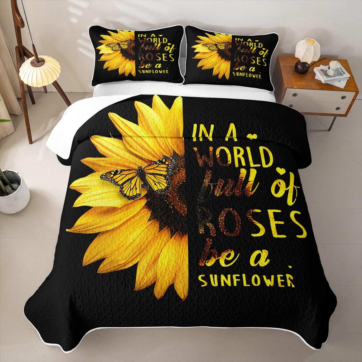 Erosebridal Sunflower Butterfly Quilt Full Yellow Floral Quilt Set Boho Chic Quilted Bedspread Spring Romantic Garden Style Bedding Coverlet with 2 Pillowcases