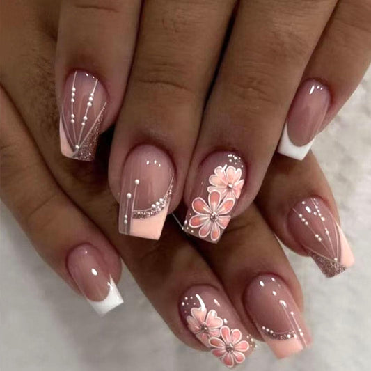 Pink White French Tip Press on Nails Medium Square Fake Nails with Flowers with Pops of Pink and Orange Designs Acrylic Glue on Nails Press ons Glitter Stick on Nails for Women 24Pcs