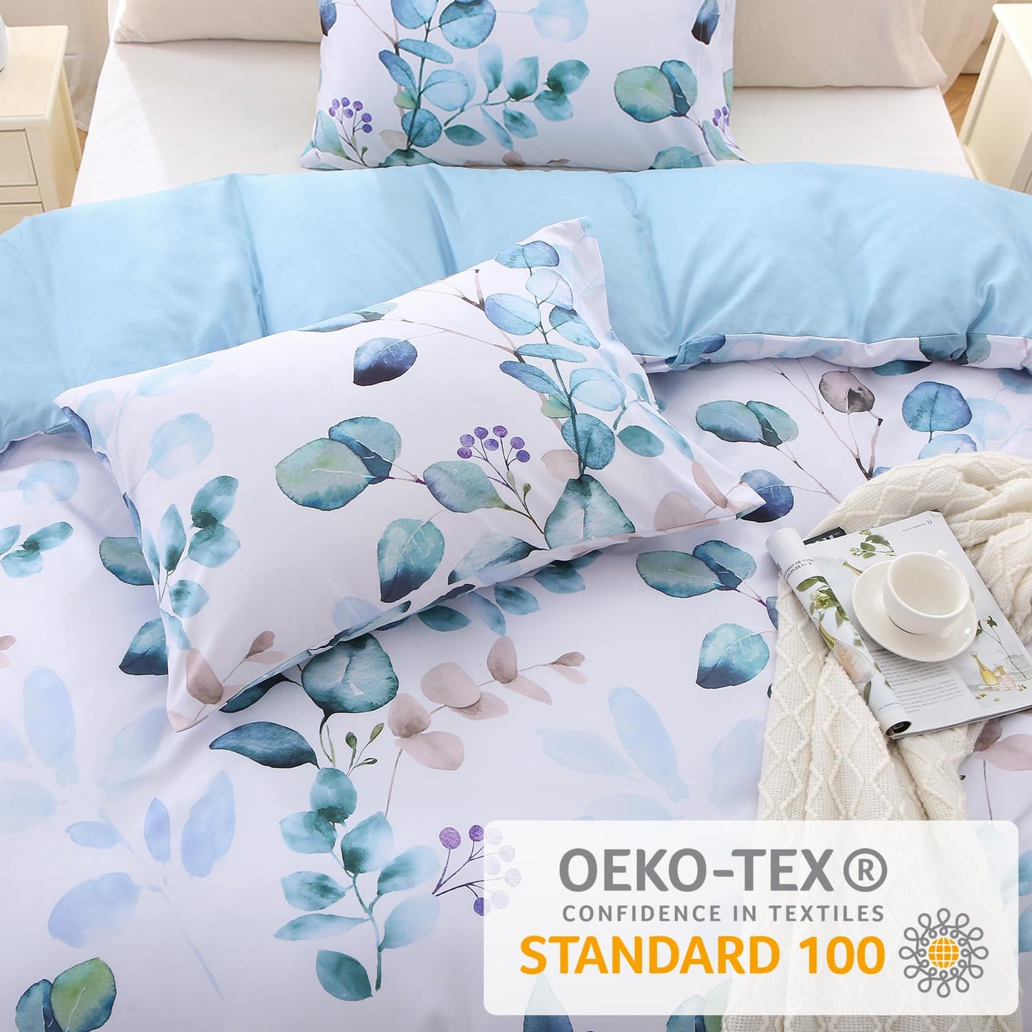 MUXHOMO Duvet Cover Queen Size, Reversible Floral Blue Duvet Cover Set with Zipper Closure, 3 Pieces Botanical Patterns Soft Microfiber Bedding Set with 4 Ties (90"x90", 2 Pillow Cases)