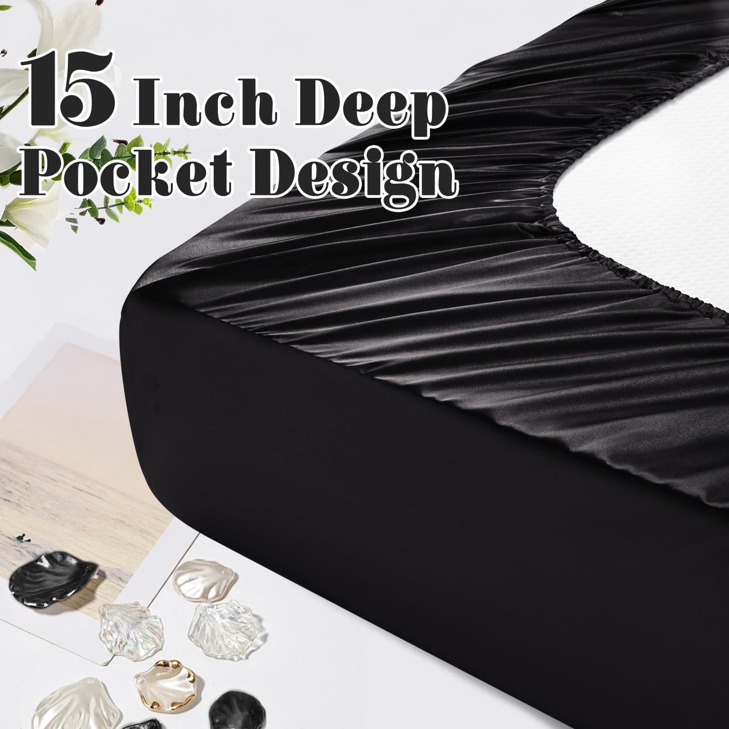 Homiest Ruffled Satin Sheets Full Size 6pc Set - Black Bed Sheet Set with 15 Inch Deep Pocket Fitted Sheet, 1 Flat Sheet, 2 Ruffled Pillow Shams & 2 Pillowcases, Similar to Silk Sheets