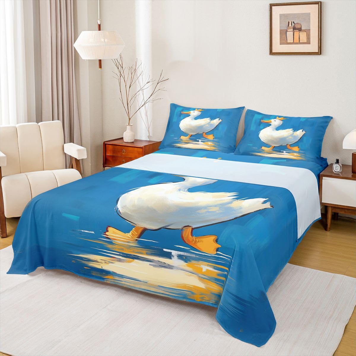 Erosebridal Cartoon Duck Bed Sheets Set Full Crown Duck Sheet Set Fun Whimsical Animal Sheets Farmhouse Pet Flat Fitted Sheet