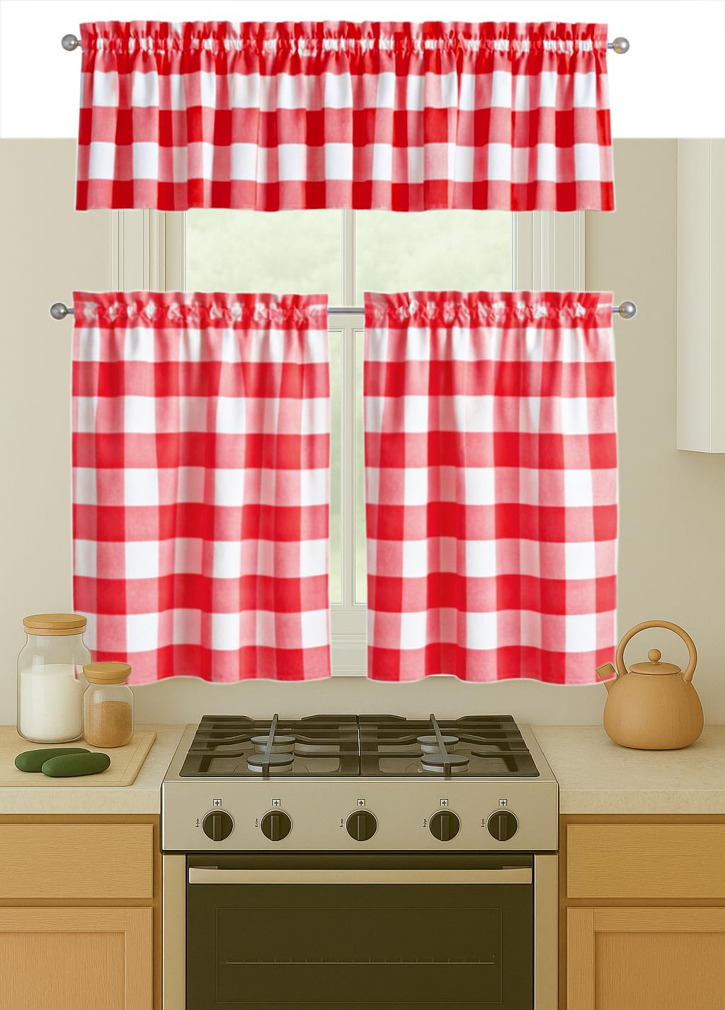 Native Fab Red Buffalo Plaid Window Curtain Set, 3 Piece Cotton Tier and Valance, 2 Tiers 26x36 Inch and Valance 54x18 Inch, Rod Pocket Curtains for Kitchen, Dining, Living Room, Red White