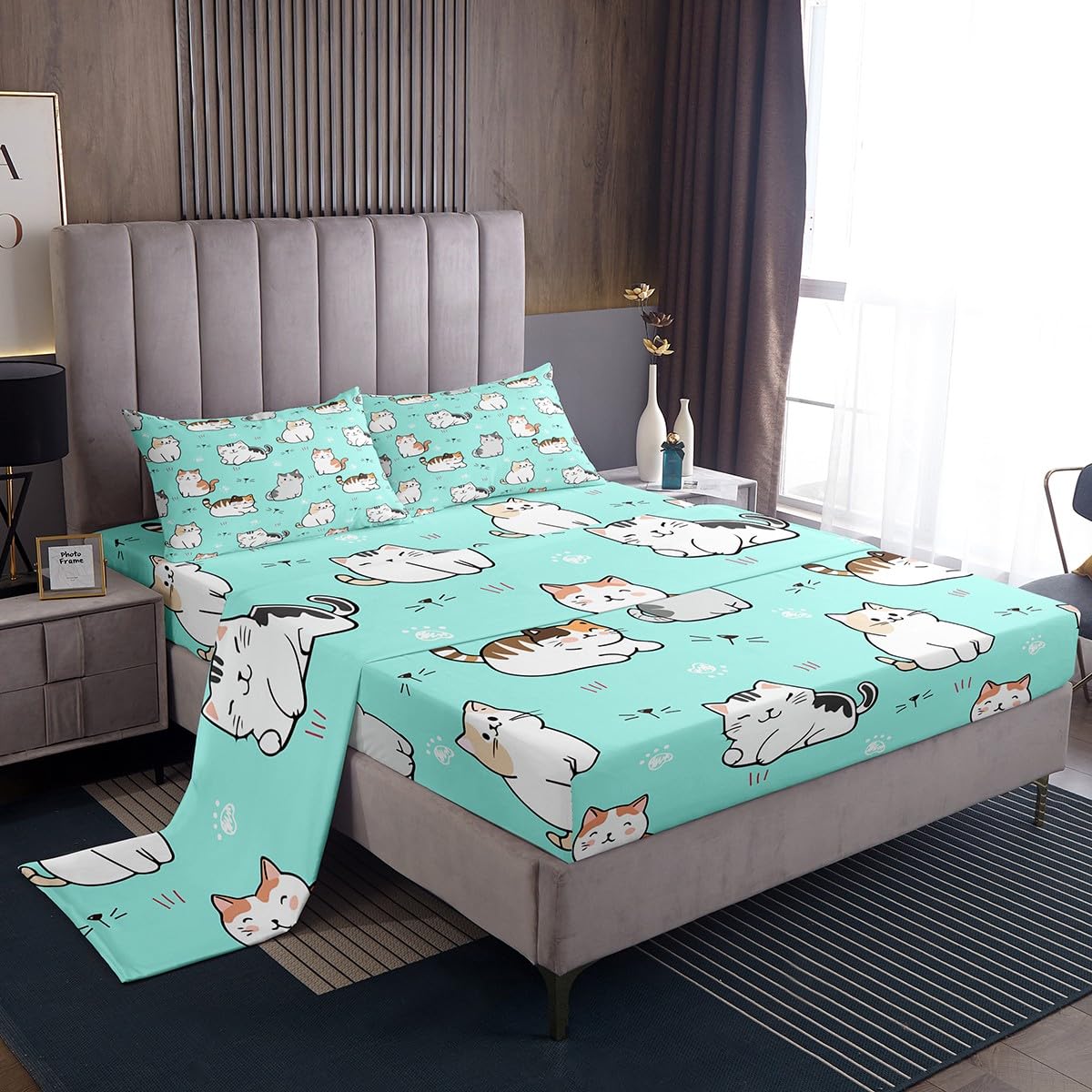 Erosebridal Cat Bedding,Cute Pet Theme Sheet Set for Kids Teens Girls Youth,White Cat Paw Print Decor Bed Sheets for Bedroom,Kawaii Animal Kitten Fitted Sheet,Queen with 2 Pillowcases