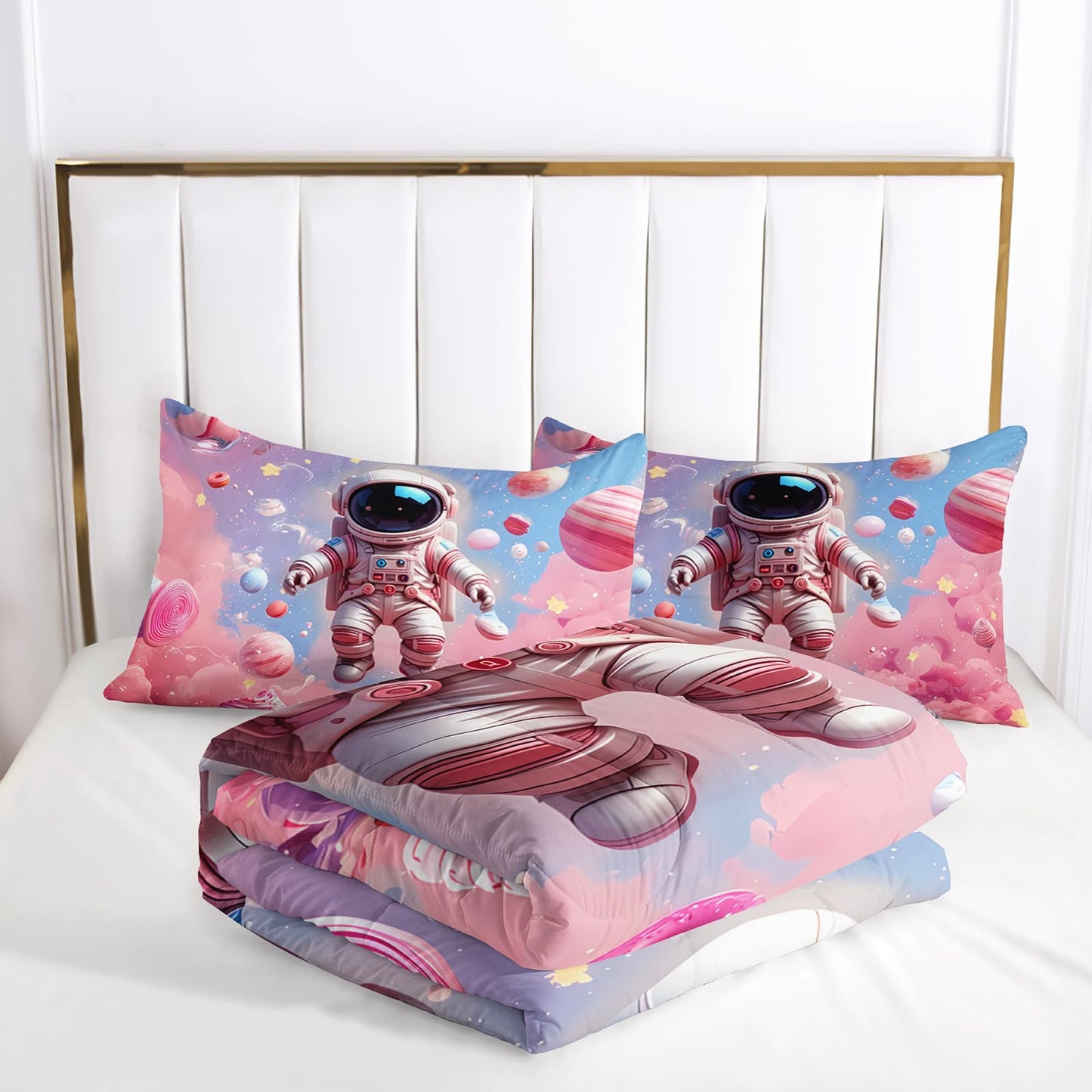 lneffble Space Astronaut Comforter Full Size,Space Astronaut Kids Comforter Set,3Pcs Bedding Set Printed Comforter with 2 Pillowcases,Down Alternative,Soft and Lightweight,for All Seasons