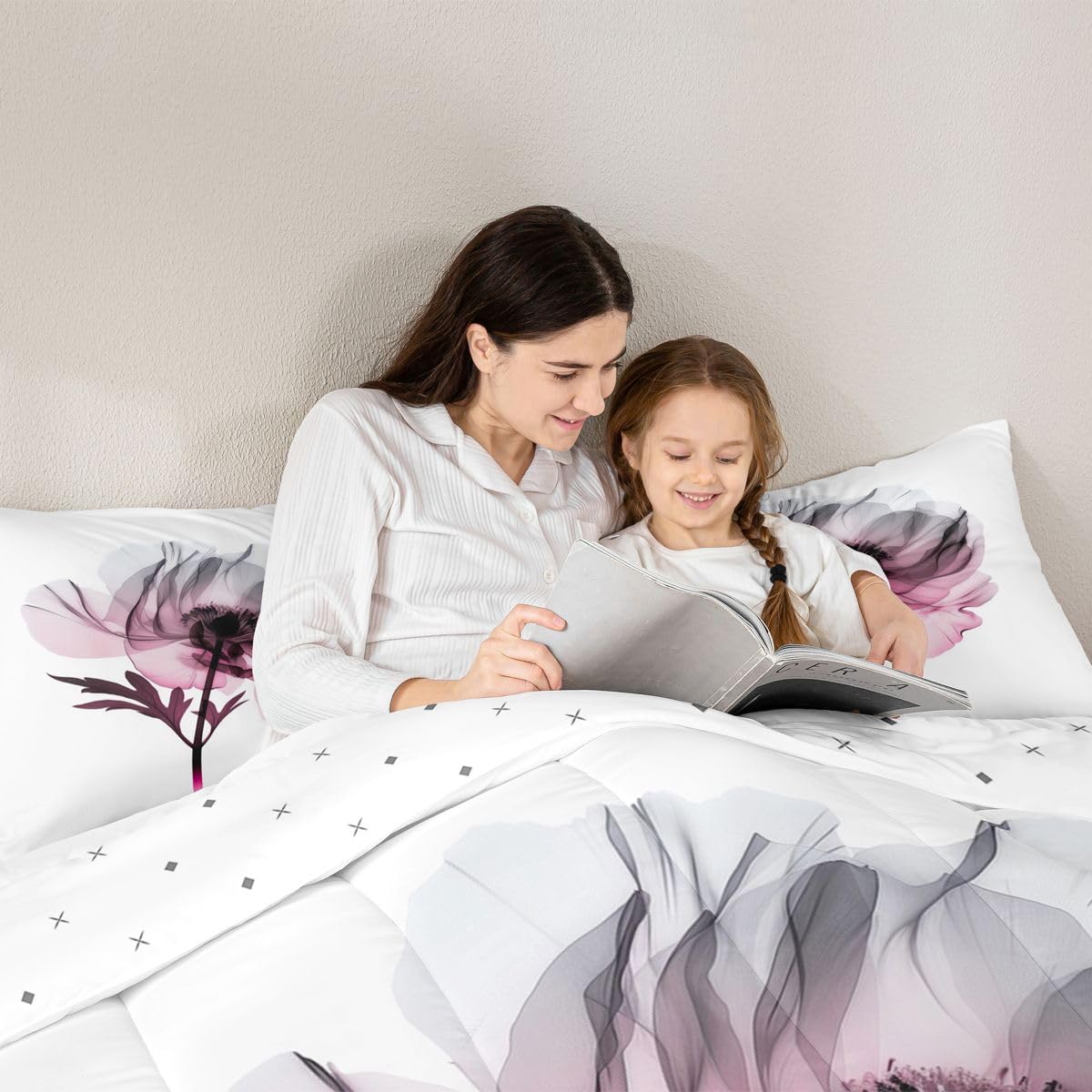 jejeloiu Abstract Flowers Comforter Set Toddler Size Modern Art Bedding Set for Kids Boys Girls Floral Pink Duvet Quilt Bedroom Decor Microfiber 2 Pcs with 1 Pillow Cases
