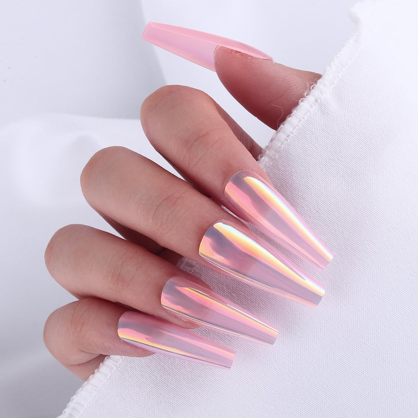 Chrome Press On Nails - Long Square, Ballerina Mirror, Coffin, Holographic, Metallic, Laser Acrylic, 3D Nail Art