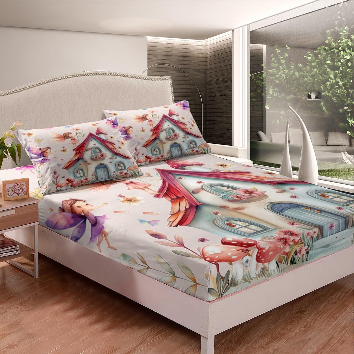 Erosebridal Floral Fairy Twin Bedding Set,Dreamy Fairy Garden Fitted Sheet for Girls Kids,Cute Mushroom Butterfly Bed Set,Kawaii Girly Flower Bed Sheets 2Pcs Room Decor (No Flat Sheet)