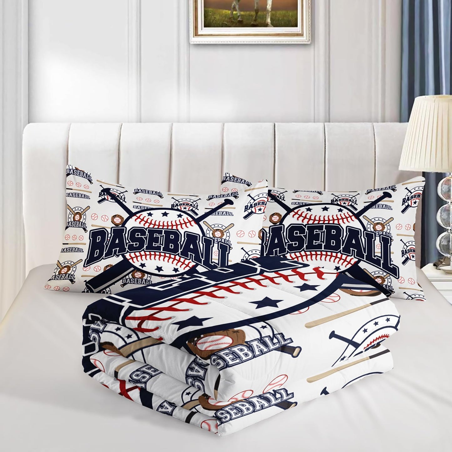 QOOMO 3Pcs Baseball Comforter Set Twin,Sports Bedding Set for Teens Boys Girls,Ball Printed Comforter with 2 Pillowcases,Down Alternative,Soft and Lightweight
