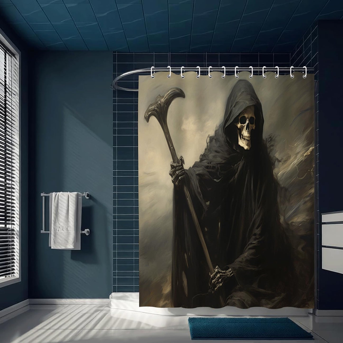 ZROLUW Skeleton Black Ghost 3D Shower Curtains 36" W x 72" L Gothic Skull Printed Waterproof Bathroom Curtain Fabric with Hook