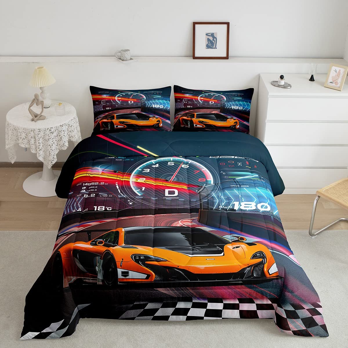 Feelyou Race Car Bedding Set Boys Extreme Sports Comforter Set for Kids Boys Cool Car Comforter Car Sports Quilt Set 1 Comforter Set with 2 Pillowcases Full Size