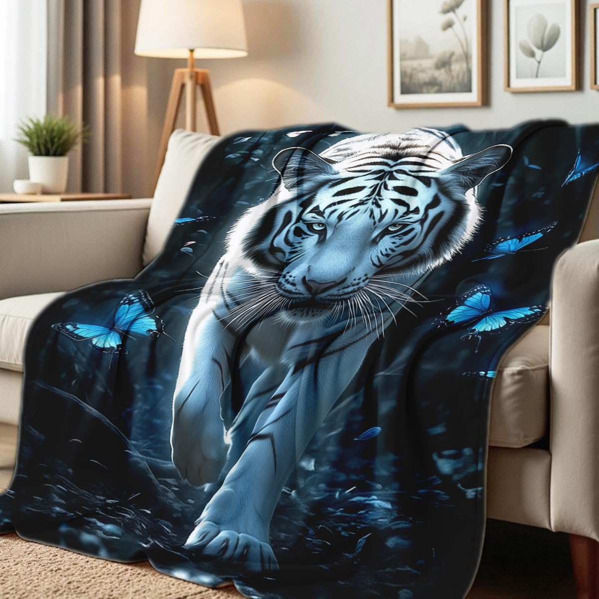 HUNXIAOJ White Tiger Print Flannel Blanket - Forest Wildlife Throw for Bed Couch Decor Wild Animal Queen Size Bedding Gifts for Tiger Lovers (49"x59")