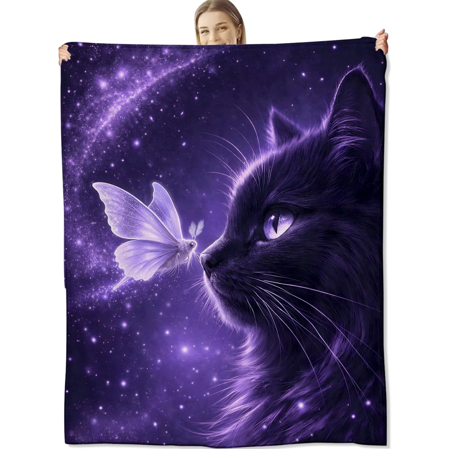 cromcu Fantasy Cat Flannel Throw Blanket, 50x60in, Soft Warm Cozy Blankets with Purple Kitten and Glowing Moth, Celestial Gifts for Girls Women Cat Lovers, Home Decor Dorm Office Travel Camping