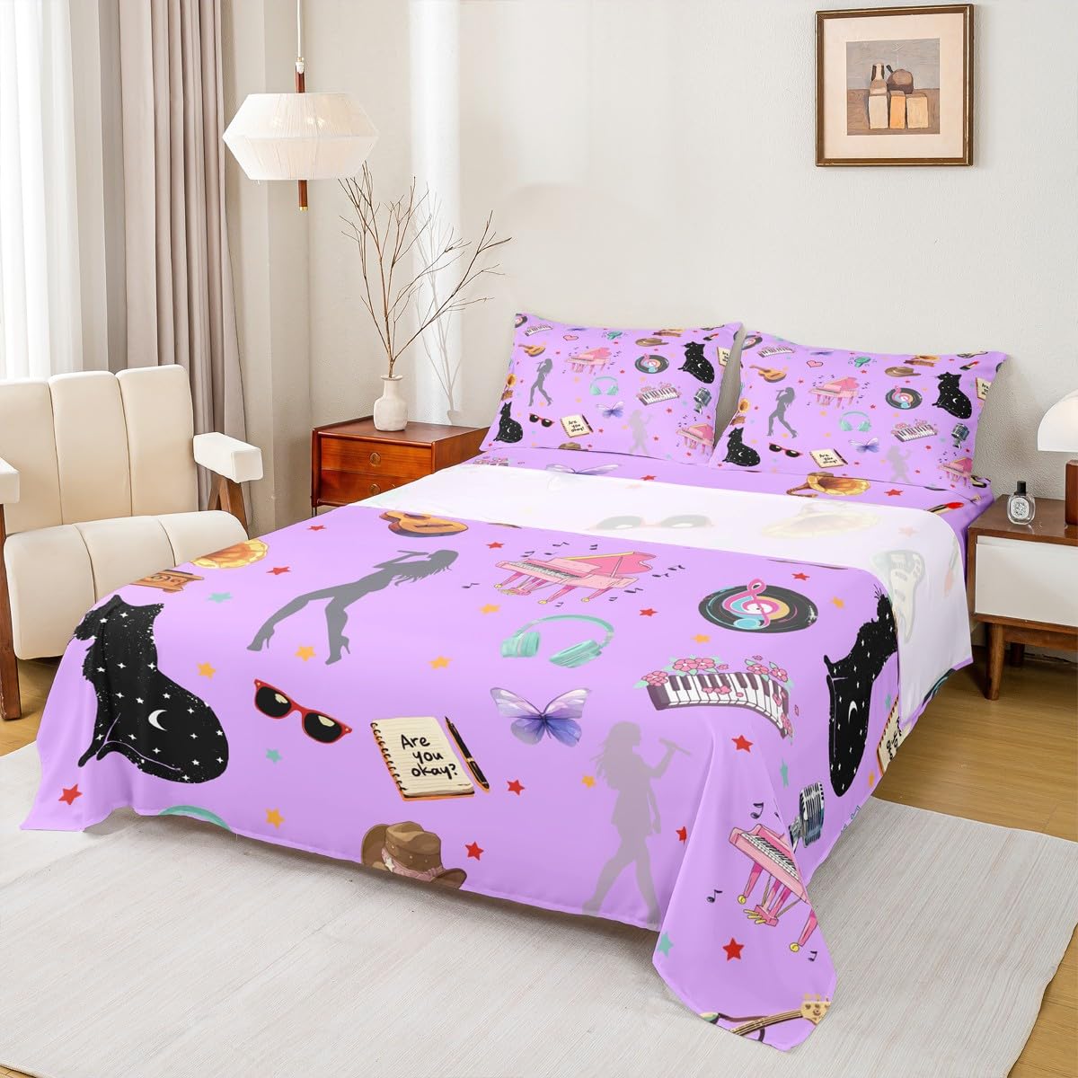 Erosebridal Romantic Purple Sheet Set King Music Themed Bed Sheets Set Black Cat Sheets Butterfly Stars Print Flat Fitted Sheet Modern Fashion Music Gift for Women Girls