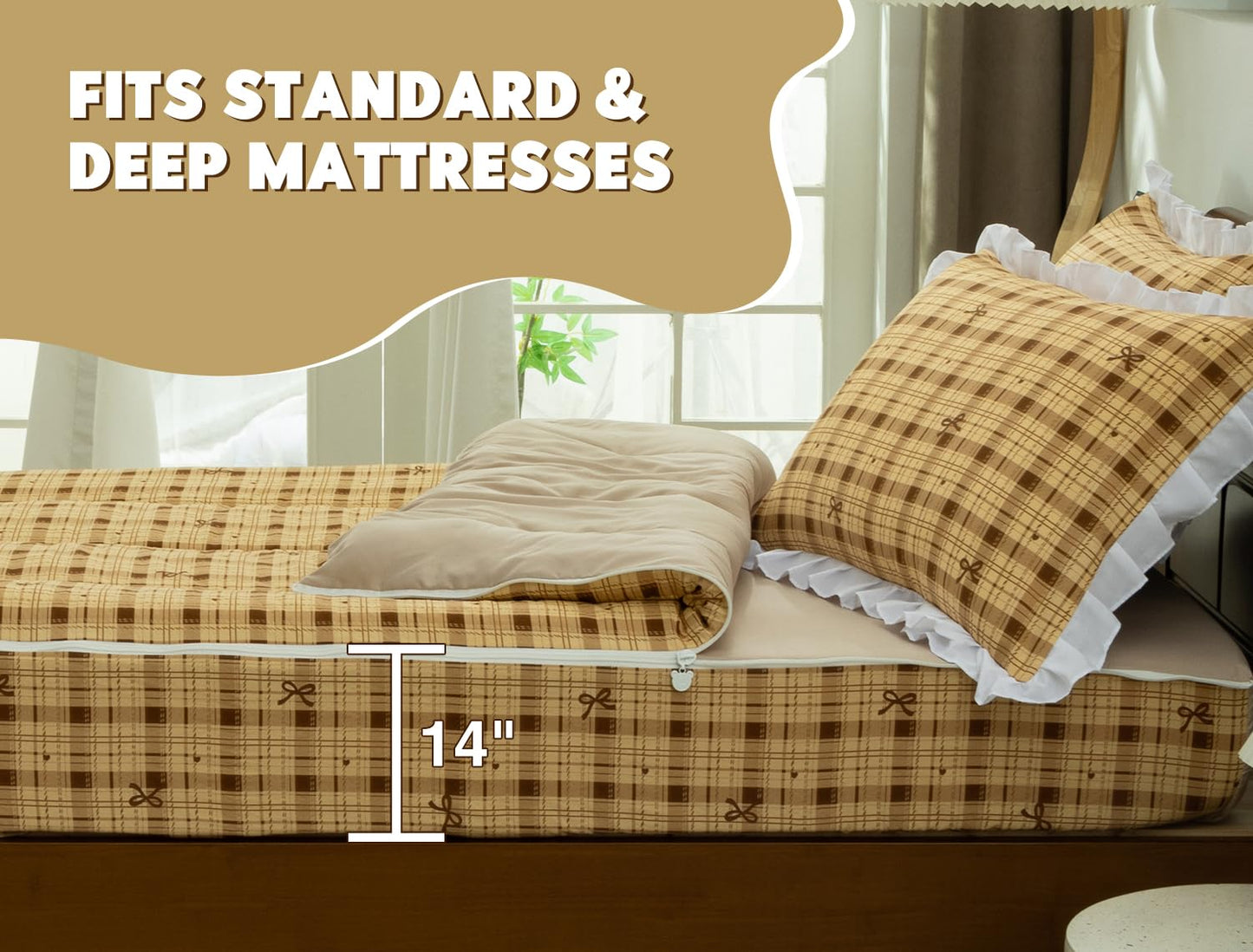 Meeting Story 3pcs Zip Up Bedding Set for Girls, Coffee Bow Checked Plaid Zipper Comforter Set for Kids(Coffee,Twin)