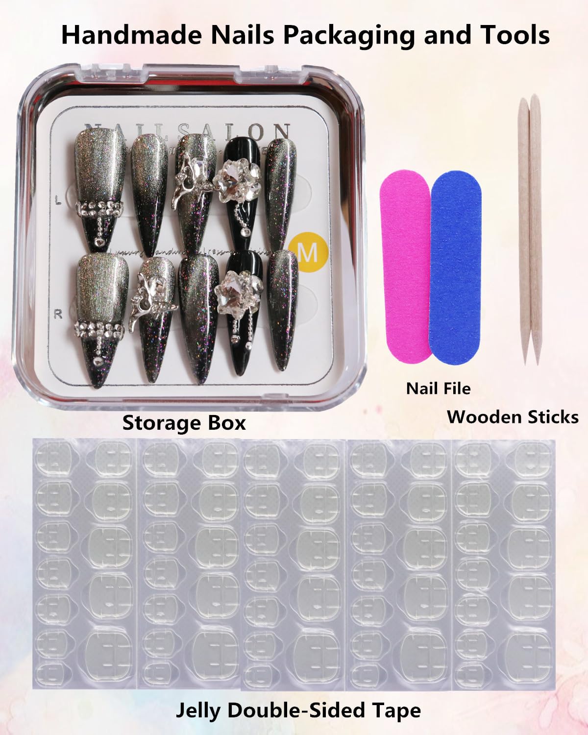 CAMILCY Handmade Luxury Press On Nails Black Silver Gradient Cat Eye Fake Nails Rhinestone 3D Charms Long Stiletto Glitter Acrylic Nail Tips Quality Reusable Gothic False Nails for Women (B03, M)
