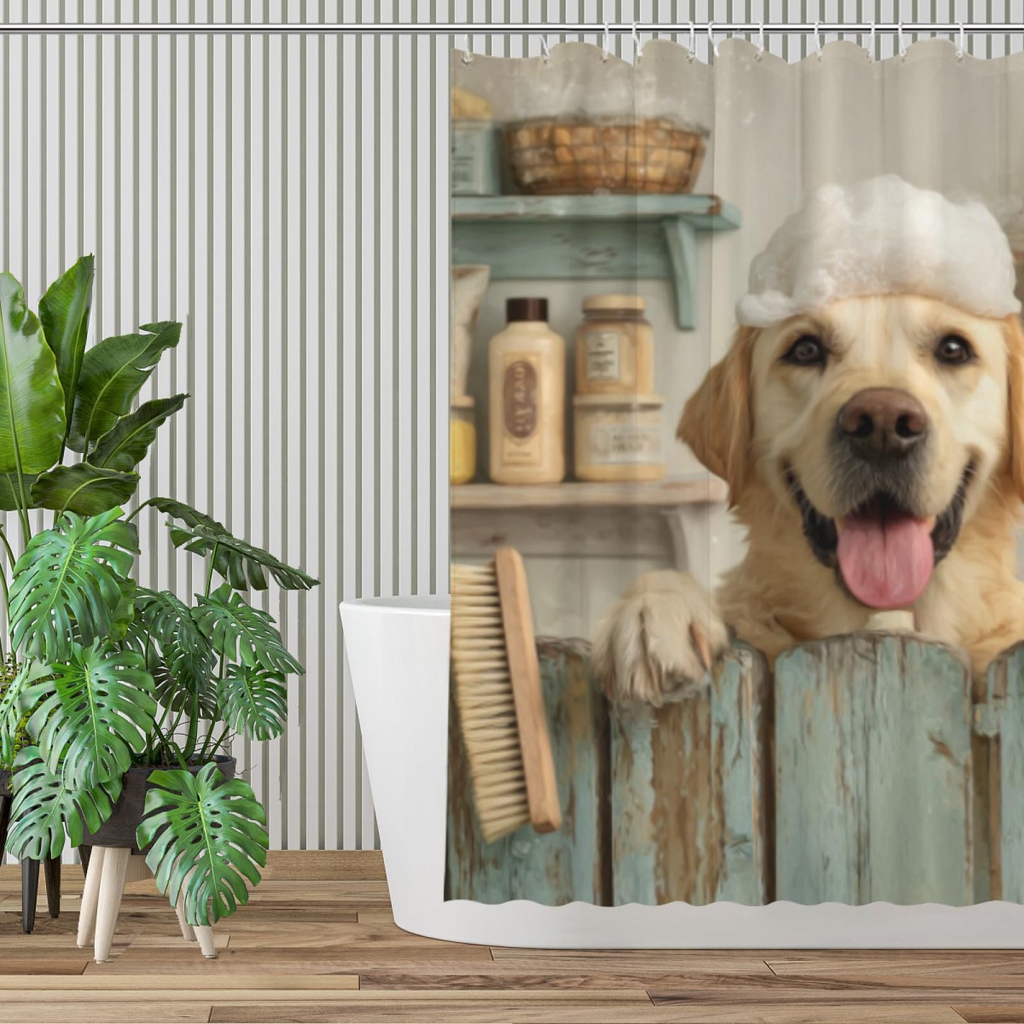 Wordatu Funny Labrador Retriever Farmhouse Shower Curtain Bathroom 72X72 Inch Rustic Pet Animal Country Bathroom Set Accessories Decor with 12 Hooks