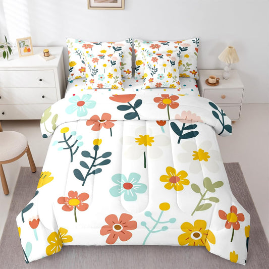 Feelyou Floral Comforter Set with Sheets 7 Piece Queen Size Cute Bedding Set for Kids Boys Girls Farmhouse Garden Bed in a Bag Plant Room Decor Orange Yellow Soft Lightweight Microfiber