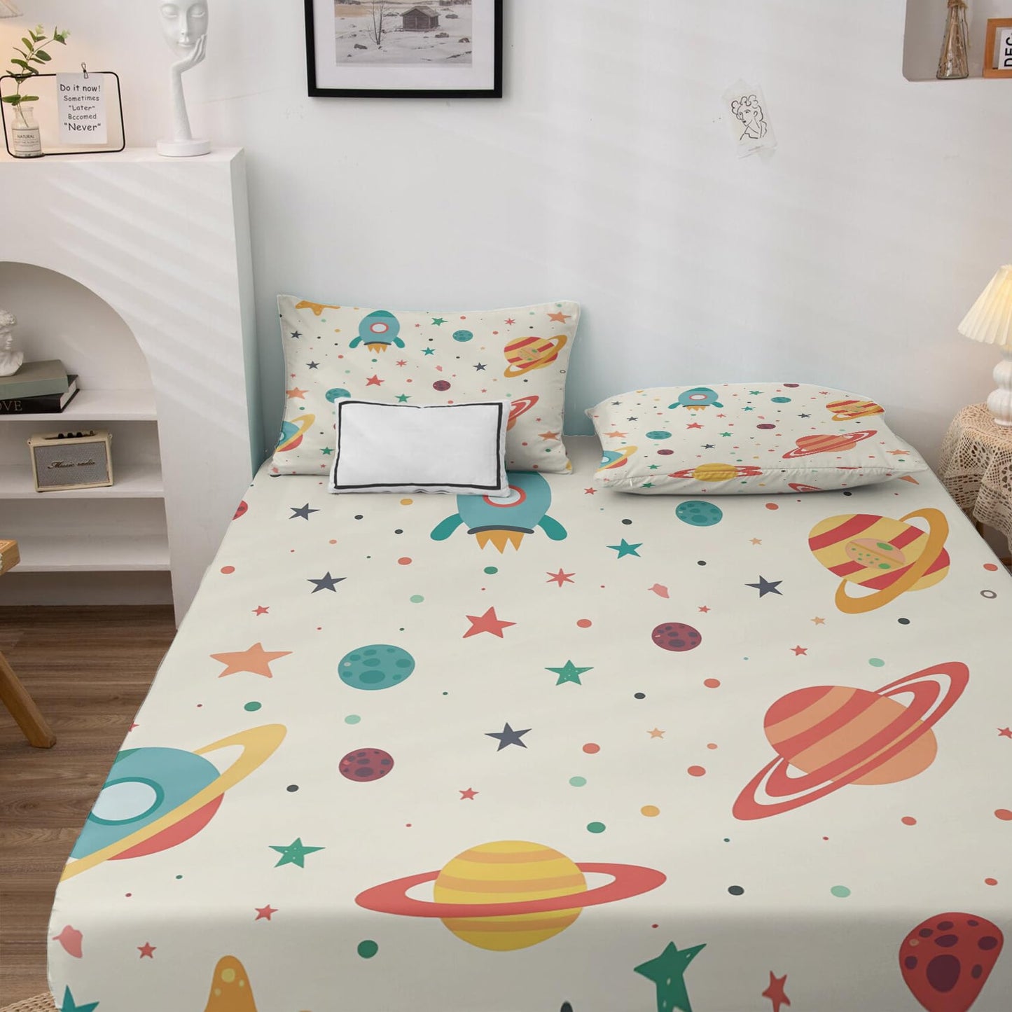 NOGAWA Outer Space Sheets California King Size, Star Planet Rocket Cartoon Bed Sheets, Bedding Sheets & Pillowcases 4 Piece Set - Soft Microfiber Deep Pocket Fitted Sheet & Flat Sheet & 2 Pillow Cases