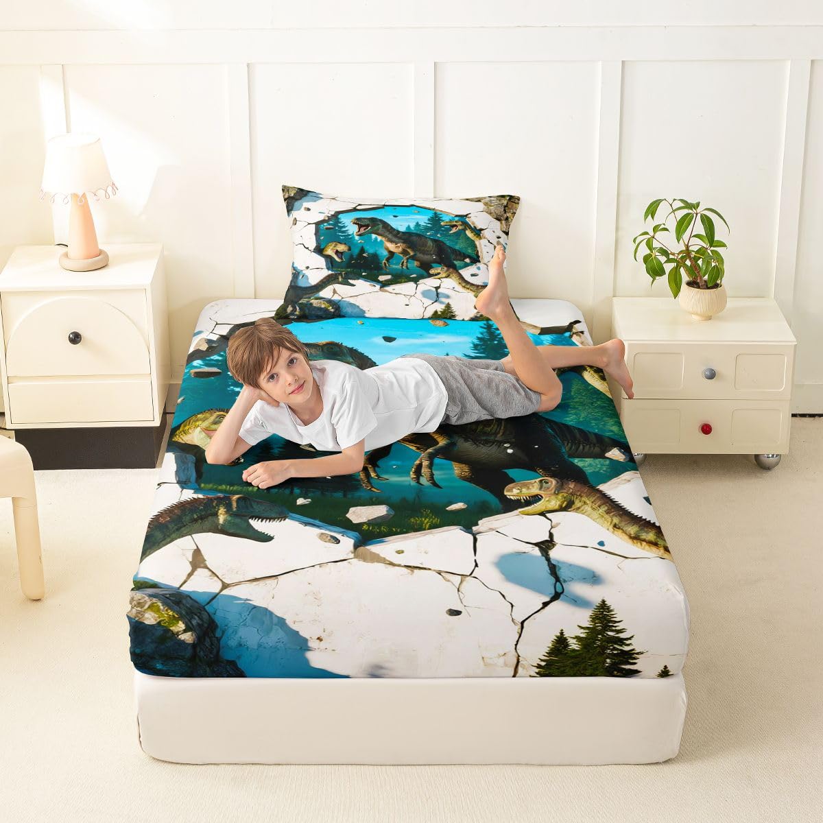 Feelyou Dinosaur Bed Sheets Set Twin Size 3D Digital Print Deep Pocket Fitted Sheet Jungle Dino Bedding Sets Wild Animal Soft Bed Set 3Pcs with 1 Pillow Cases Blue White Green