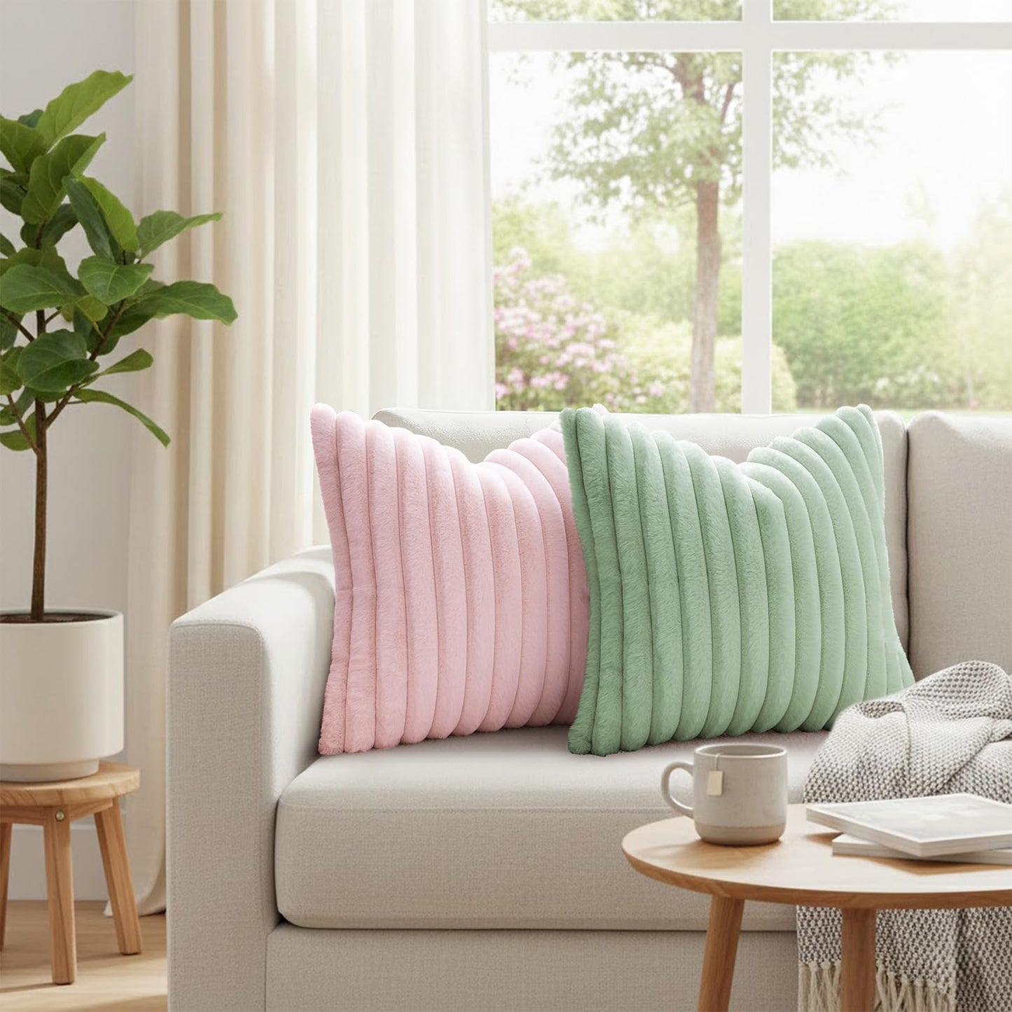 Simmore Faux Fur Couch Throw Pillow Covers 18x18 Set of 2, Decorative Soft Striped Plush Pillow Covers with Velvet Back for Sofa Bed Living Room, Sage Green