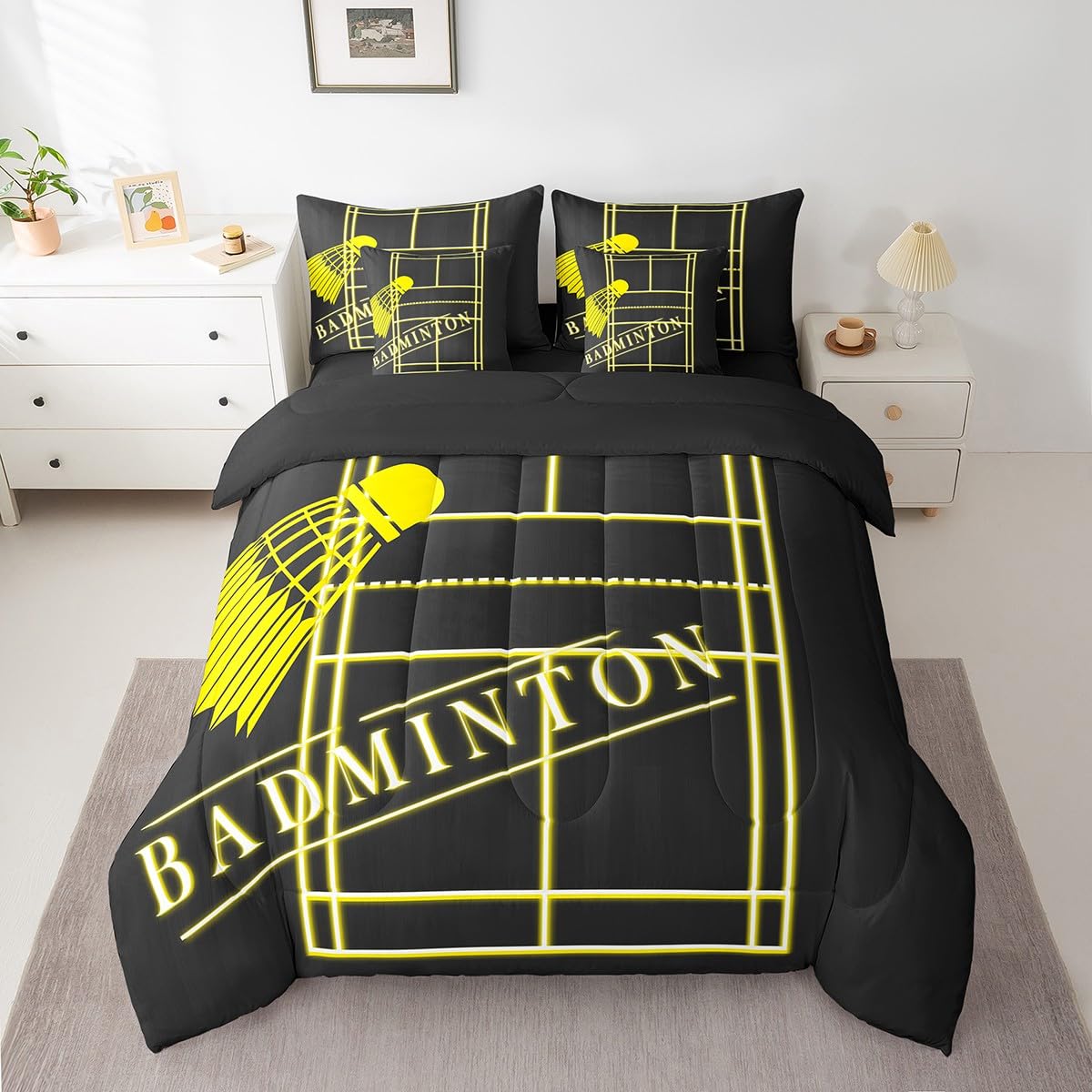 Sport Full Comforter Set 7 Pieces Badminton Bedding Comforter Sets for Boys, Black Yellow Bed in a Bag Gold Gradient Neon Bedding Set, Sports Themed Bed Sheets Set Breathable (Black Reversible)