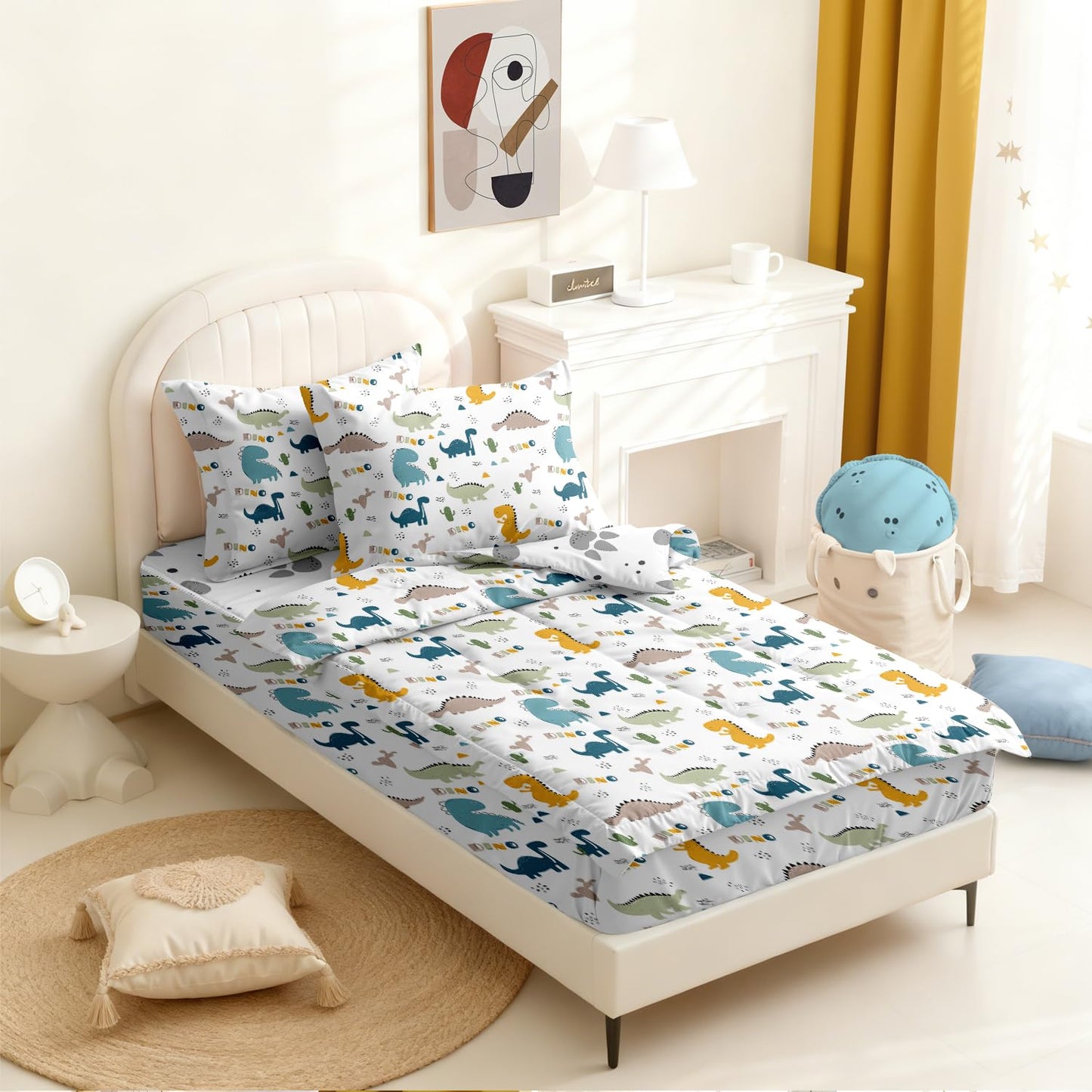 Yadangxiawa Kids Comforter Set,Zipper Bedding Twin for Boys,Dinosaurs Printed Comforter Set with Paw Fitted Sheets and Pillowcases for All Season(Dinosaurs Twin)