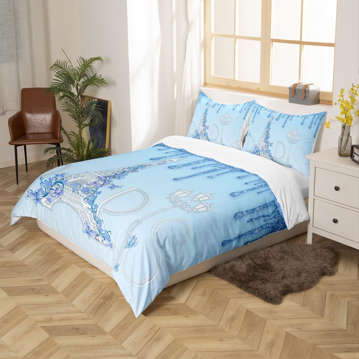 Eiffel Tower Bedding Set King Size,Paris Floral Duvet Cover 3pcs for Kids Girls Women Teen Room Decor,Blue White Gradient Glitter Comforter Cover Romantic Chic French Quilt Cover,2 Pillowcases