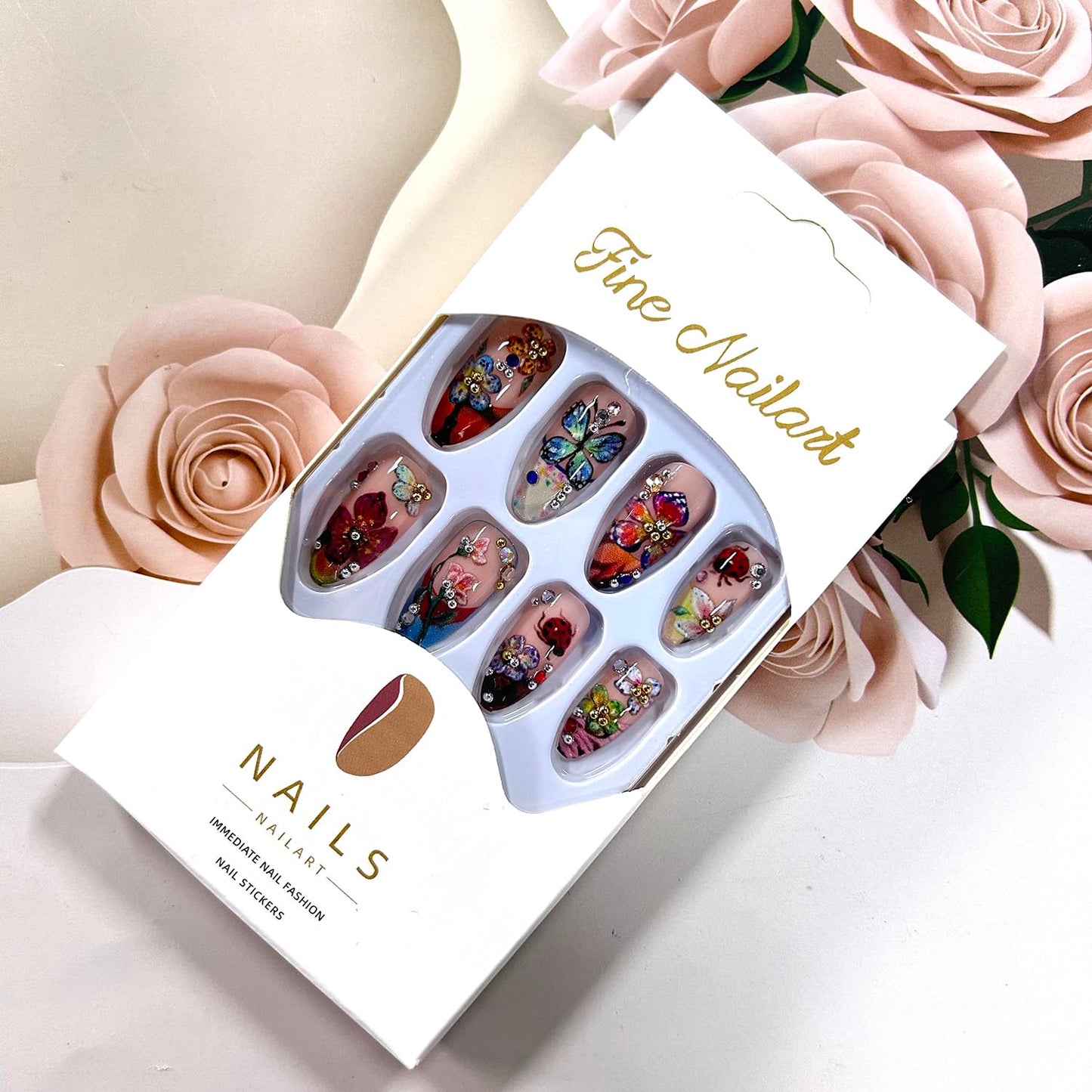 French Tip Press on Nails Medium Almond Shaped Colorful Flower and Butterfly Pattern Design Rhinestones False Nail Blossom Stick on Nail Full Cover Press Ons Almond Tip Glue on Nails for Women