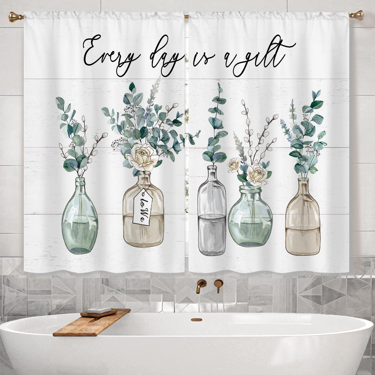 Cizuug Eucalyptus Bottles Plant Kitchen Curtains Green Leaf BotanicalSage Small Short Cafe Window Curtains Farmhouse Rustic Floral Vase Bathroom Tier Window Treatment Drapes 2 Panels