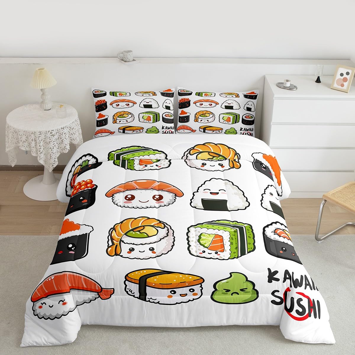 Erosebridal Sushi Pattern Comforter Set Queen, Japanese Style Down Comforter, Food Theme Quilted Duvet for Kids Boys Girls Teens, Cute Cartoon Japanese Sushi Quilt Set Room Decorative