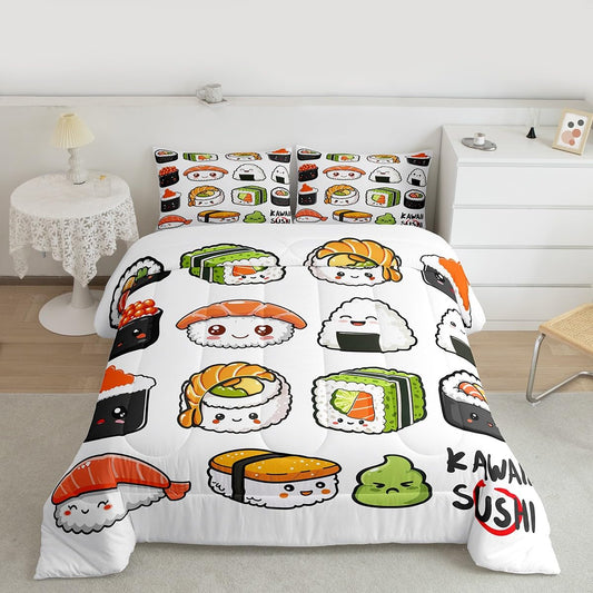 Erosebridal Sushi Pattern Comforter Set Queen, Japanese Style Down Comforter, Food Theme Quilted Duvet for Kids Boys Girls Teens, Cute Cartoon Japanese Sushi Quilt Set Room Decorative