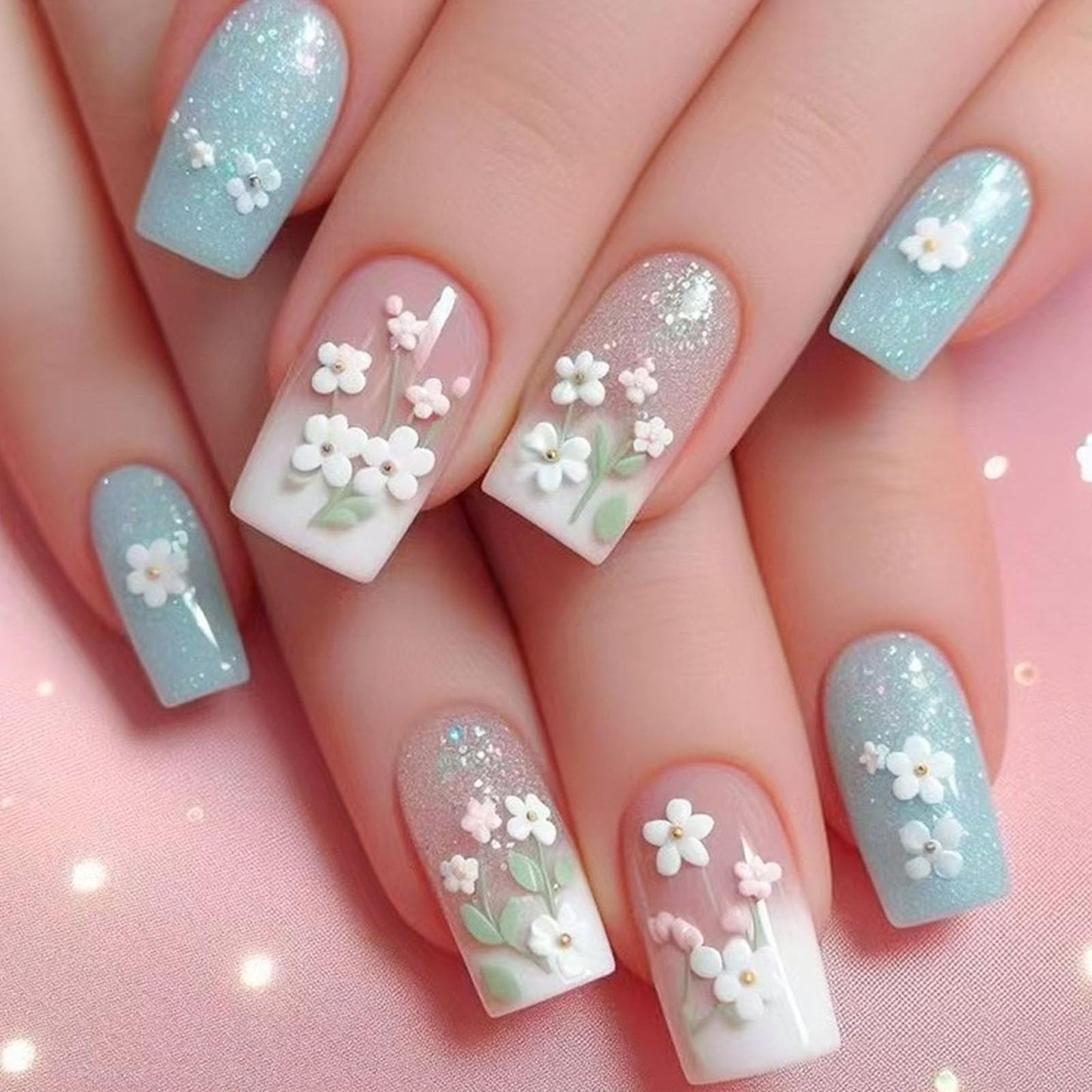 Medium Press on Nails Square White French Tip Fake Nails Blue Full Cover Nails Press ons Artificial Nails for Women 24Pcs with Flower Leaf Pearl Designs Light Pink Glue on Nails Glossy Stick on Nails