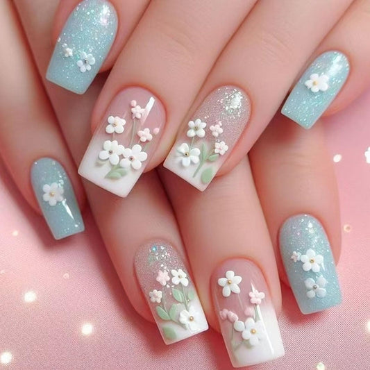 Medium Press on Nails Square White French Tip Fake Nails Blue Full Cover Nails Press ons Artificial Nails for Women 24Pcs with Flower Leaf Pearl Designs Light Pink Glue on Nails Glossy Stick on Nails