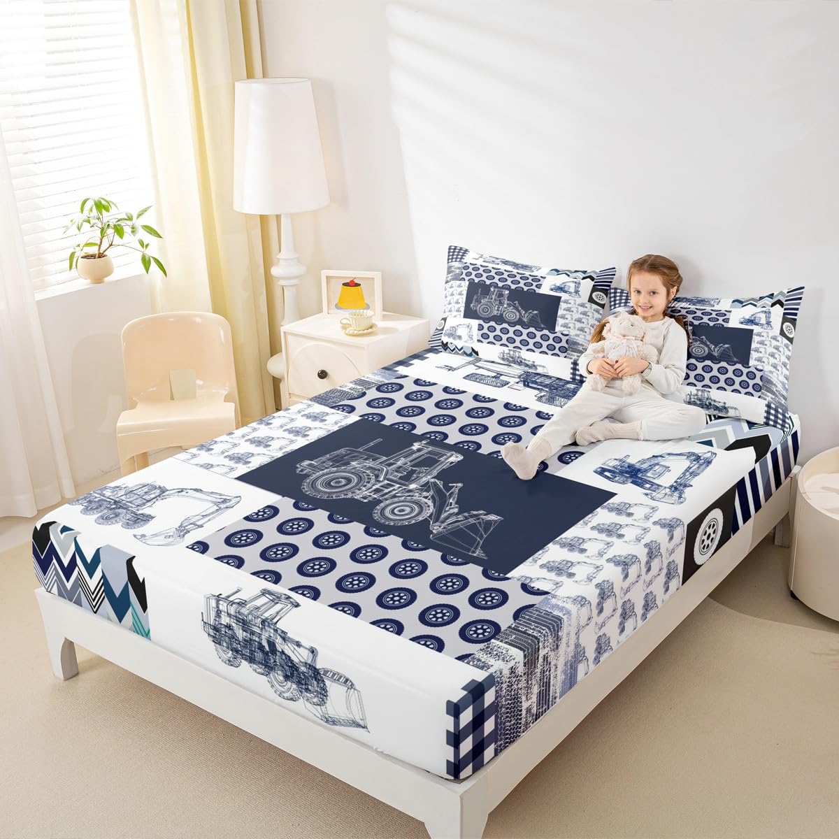 Kids Construction Sheet Set Full Size Equipment Trucks Bed Sheets Set Cartoon Car Excavator Tractor Sheets with Deep Pocket Fitted Sheet Construction Vehicles Plaid Grid Blue and White Bedding Set