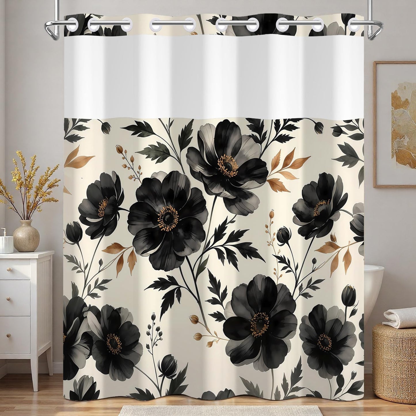 Xiazhilaio Black Floral Shower Curtain with Snap in Liner, 71x74 Inch
