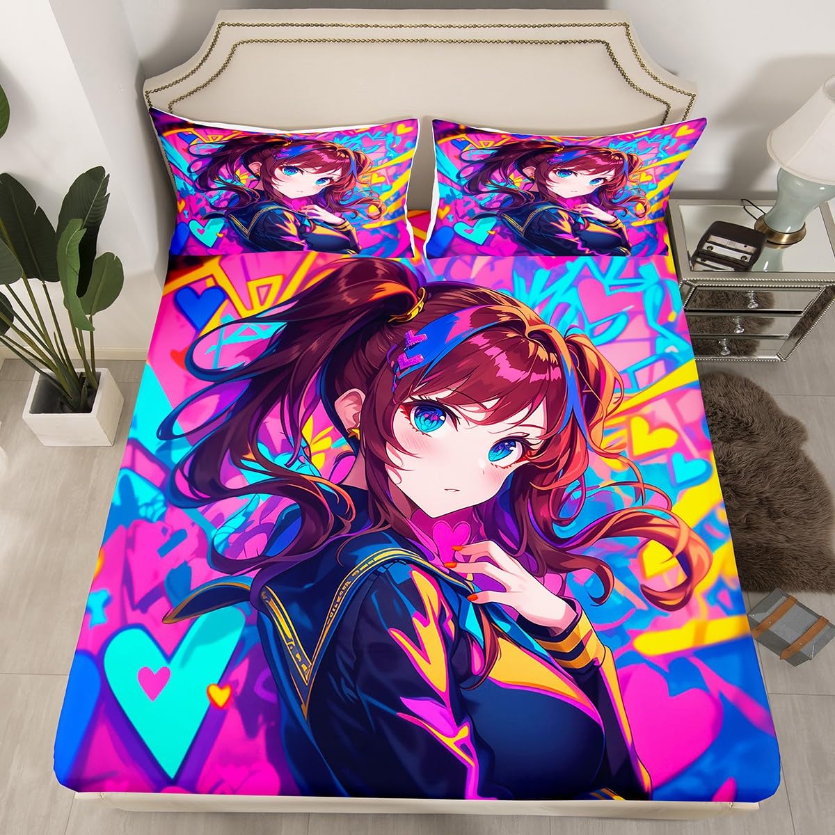 Erosebridal Anime Girl Full Fitted Sheet, Japanese Anime Bed Sheets for Kids Girls Teens Adult Bedroom, Cartoon Girl Bedding Set Kawaii Japanese Animation Sheets 3 Piece, Purple