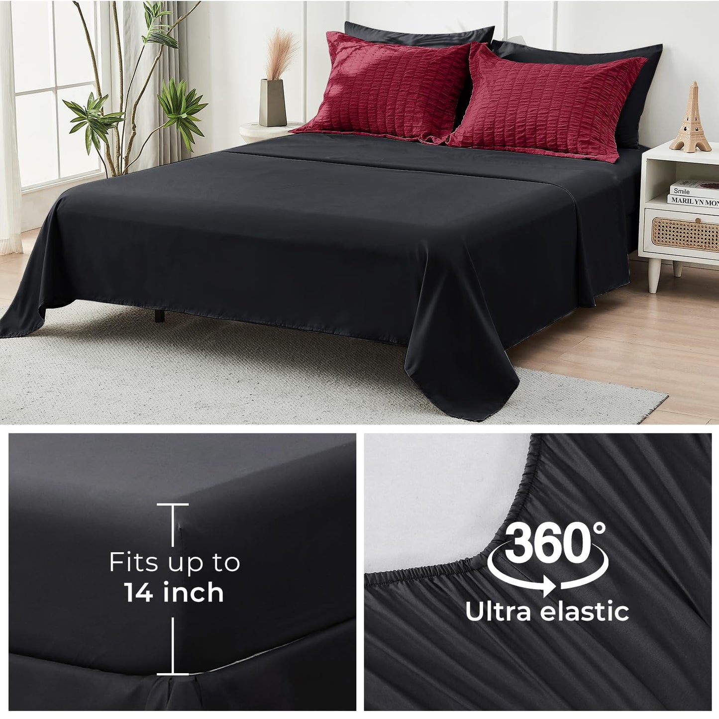 HYMOKEGE Red/Black Oversized Queen Comforter Set Seersucker 7 Pieces, All Season Luxury Bed in a Bag for Bedroom, Bedding Set with Comforter, Sheets, Pillowcases & Shams