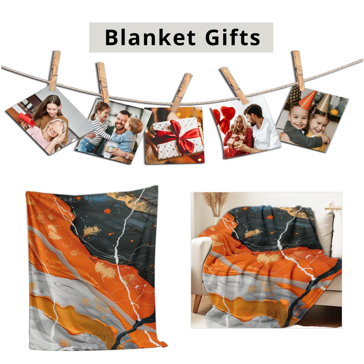 HUNXIAOJ Orange Blanket Throw for Couch Bed Abstract Print Blanket Soft Flannel Bedding Modern Bedroom Home Decor (49"x59")