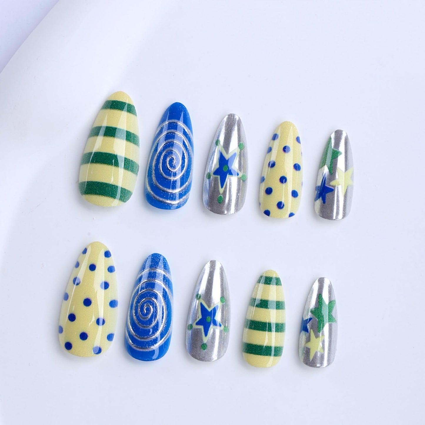 octoswave Long Almond Press on Nails Star and Swirl Design Colorful False Nails for Party and Travel 24Pcs