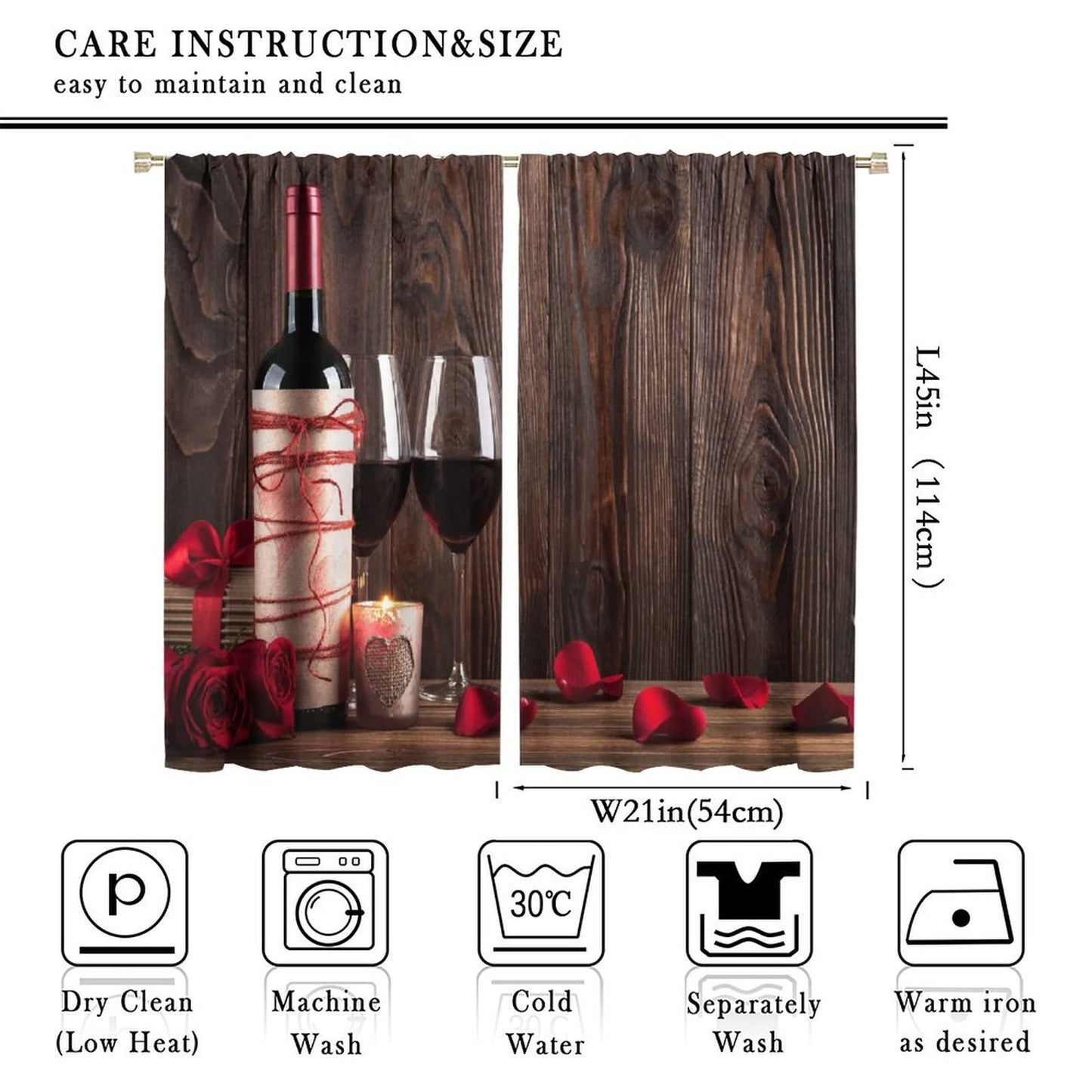Red Rose and Wine Blackout Curtains, Red Wine Glass and Rose on Old Rustic Wood Window Drapes Rod Pocket Curtains, for Kitchen Living Room Bedroom 42x45in 2 Panels