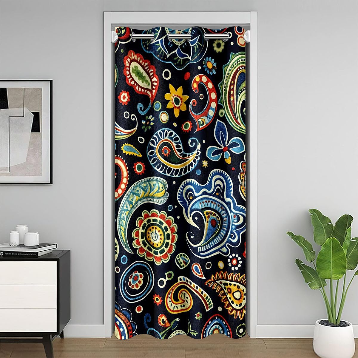 Feelyou Flower Door Curtain for Doorway Privacy Paisley Closet Cover Boho Paisley Blue Print Room Divider Curtain 42" x 84" Bohemian Exotic Style Bedroom Living Room Indian Style Window Treatments