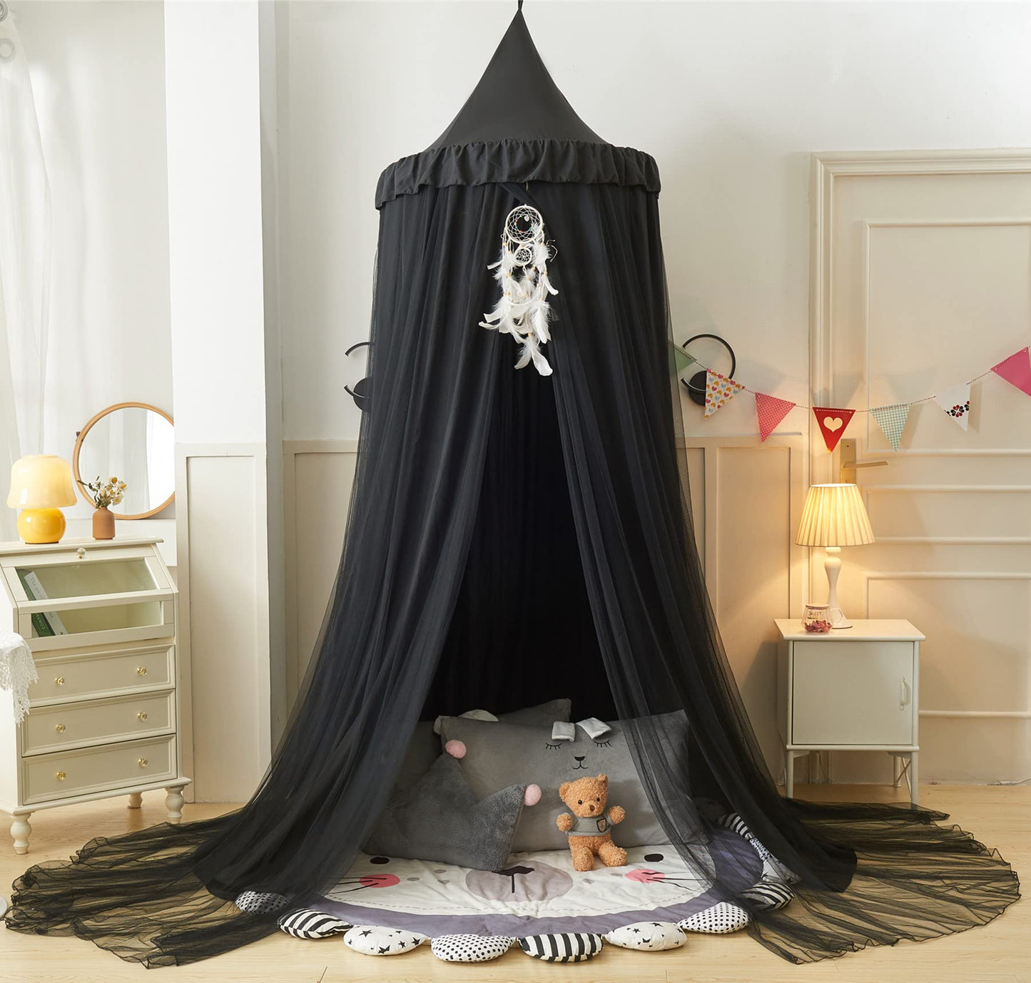 VETHIN Bed Canopy for Girls,Princess Round Dome Dreamy Mosquito Net Bedding Girls Room Castle Play Tent Hanging House Decor Reading Nook Canopies (Black/Black)