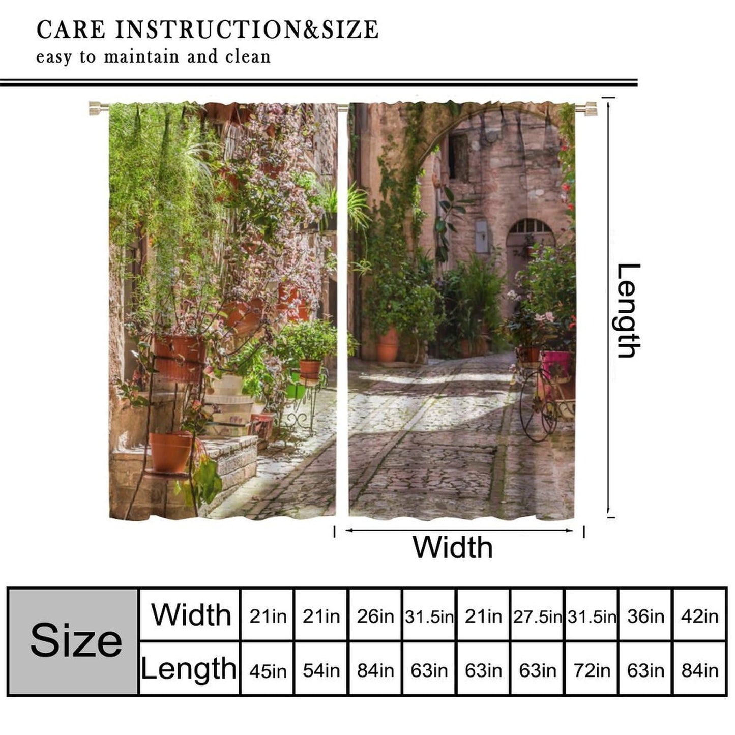 Italy Town Decor Curtain, Rustic Italian Street Sun Stone Alley Green Plant Pink Flower Landscape Print Rod Pocket Window Drapes, for Bedroom Living Room Kitchen 42" W X 45" L