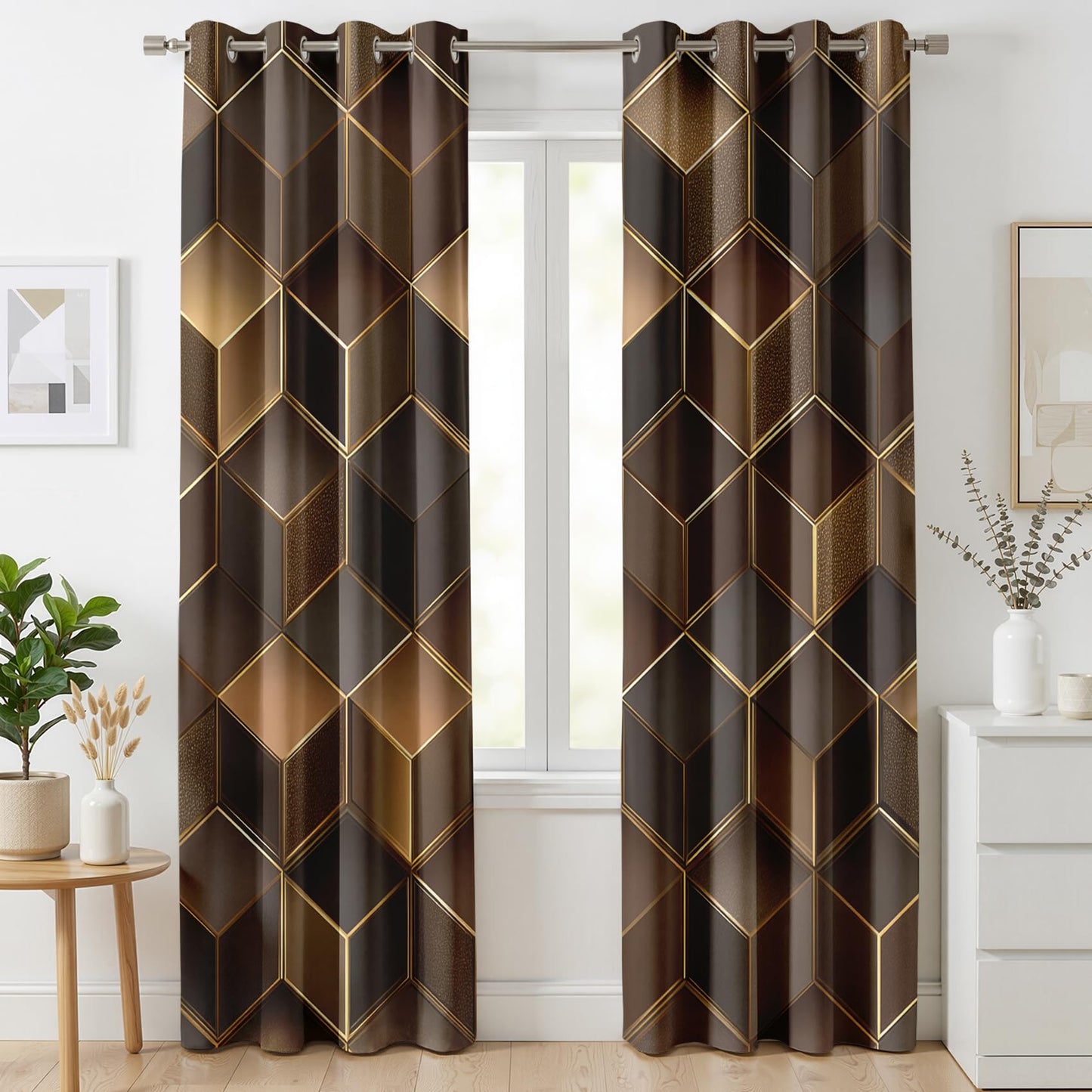 Mistwalk Brown and Gold Curtains 108 Inch Length 2 Panels Set, Patterned Blackout Curtains for Bedroom & Living Room, Room Darkening Thermal Insulated Grommet Drapes, 3D Geometric Window Treatments